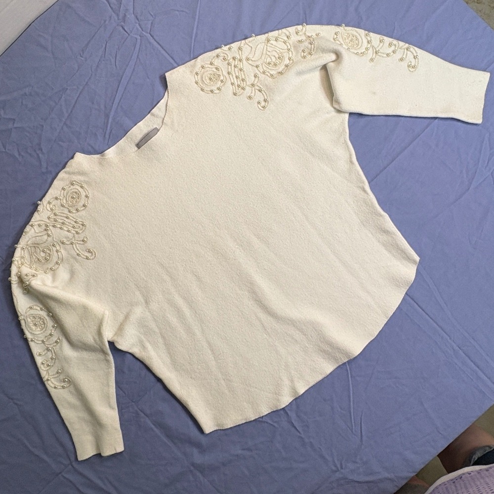 LIV Milano Lg Ivory Pearl Embellished Knit Sweater Batwing Sleeve Romantic Top